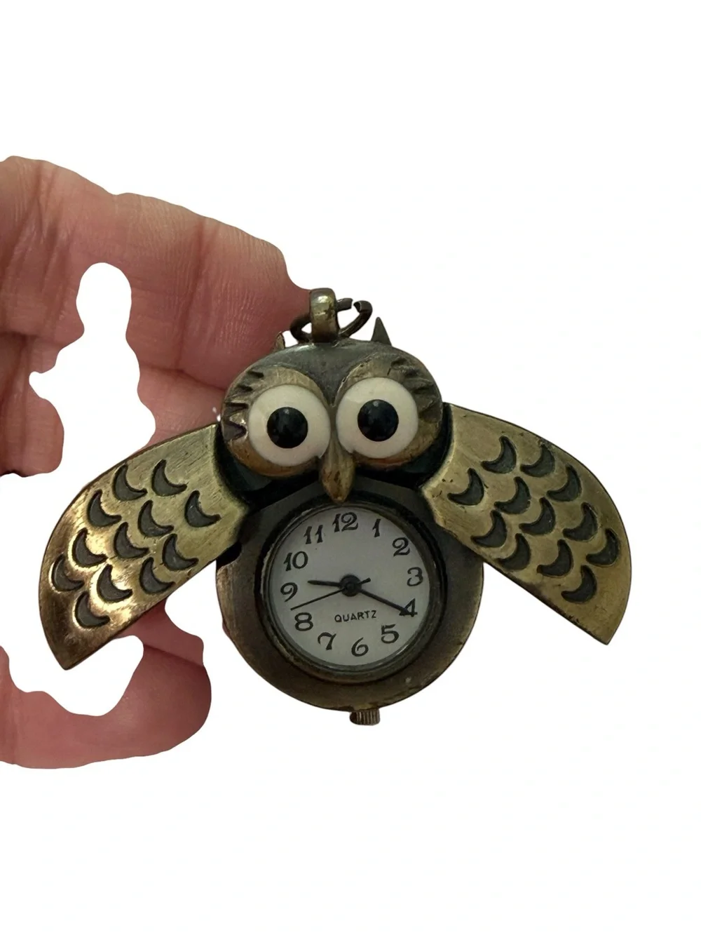 Vintage Owl Pendant Watch Bronze Tone Wings Open Quartz Novelty Clock Necklace
